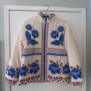 Floral Faux Embroidered Women's Jacket Blue and Cream
